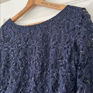 Marina Navy Blue Sequined Lace Dress Sz 14 w MEASUREMENTS Stretchy Lace Sleeves